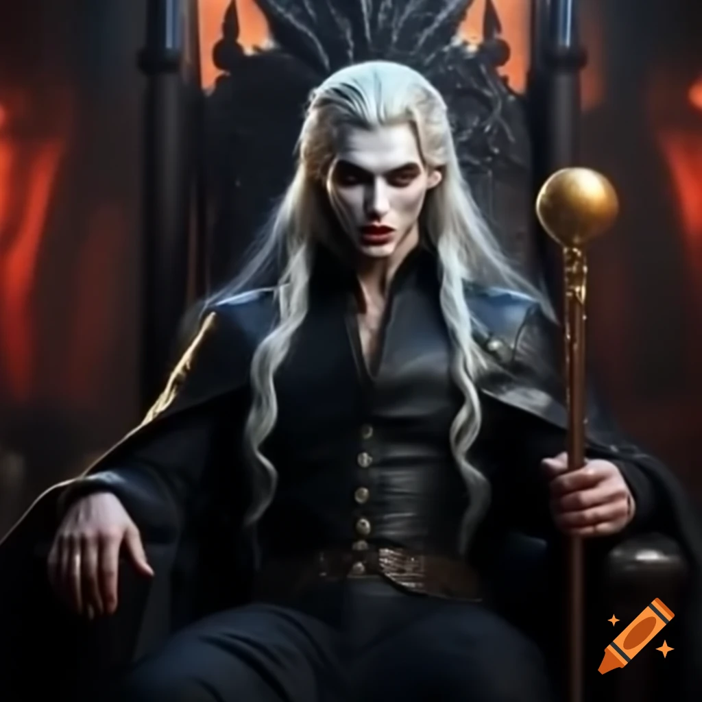 Young handsome vampire prince with long white hair and yellow eyes on throne holding scepter