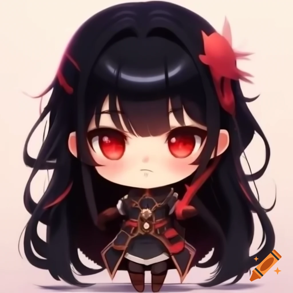 Anime chibi adventurer girl with long black hair and gradient red eyes