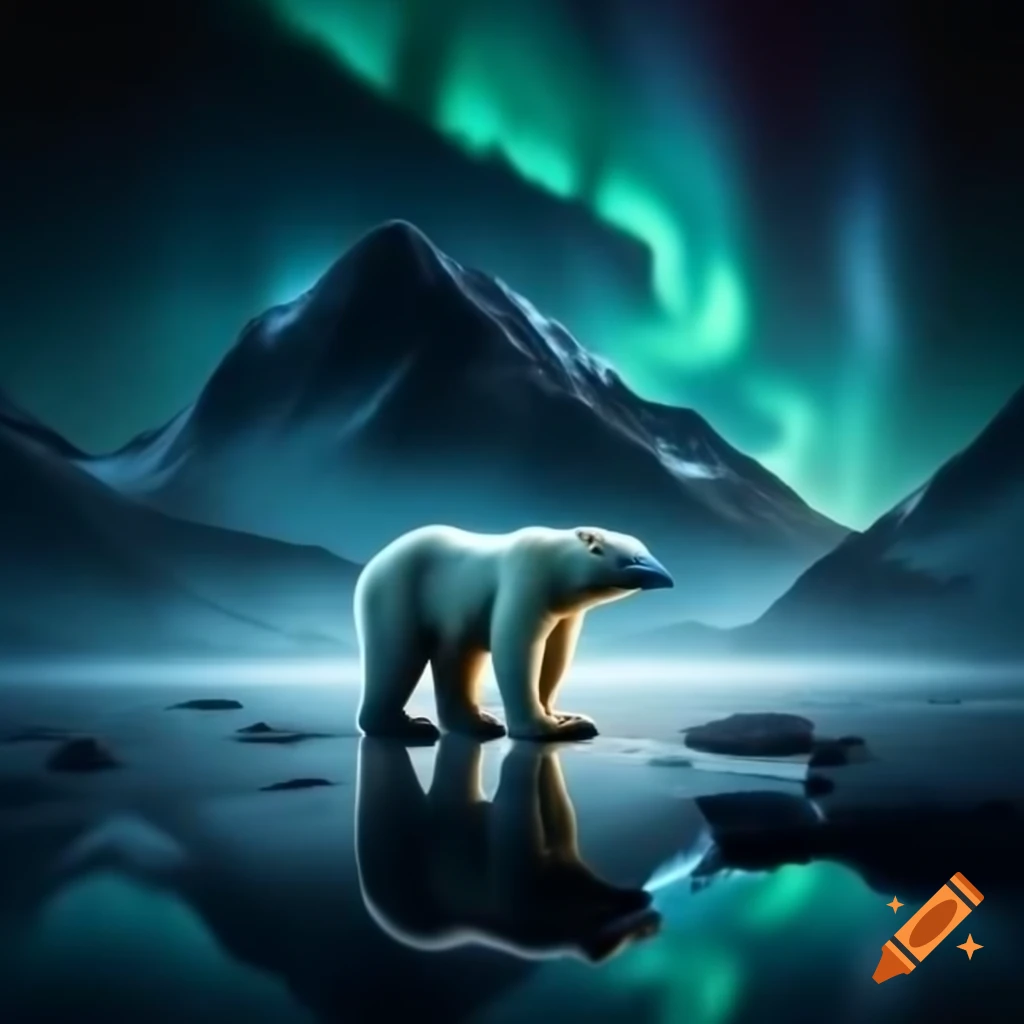 Polar bear at night with mountains and northern lights