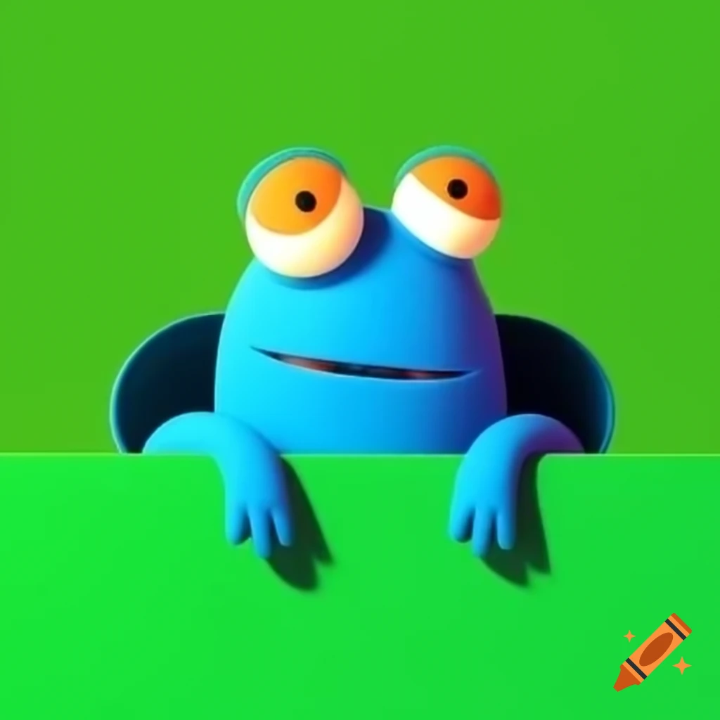 Little blue alien character named Glorbo leaning over bright green rectangle