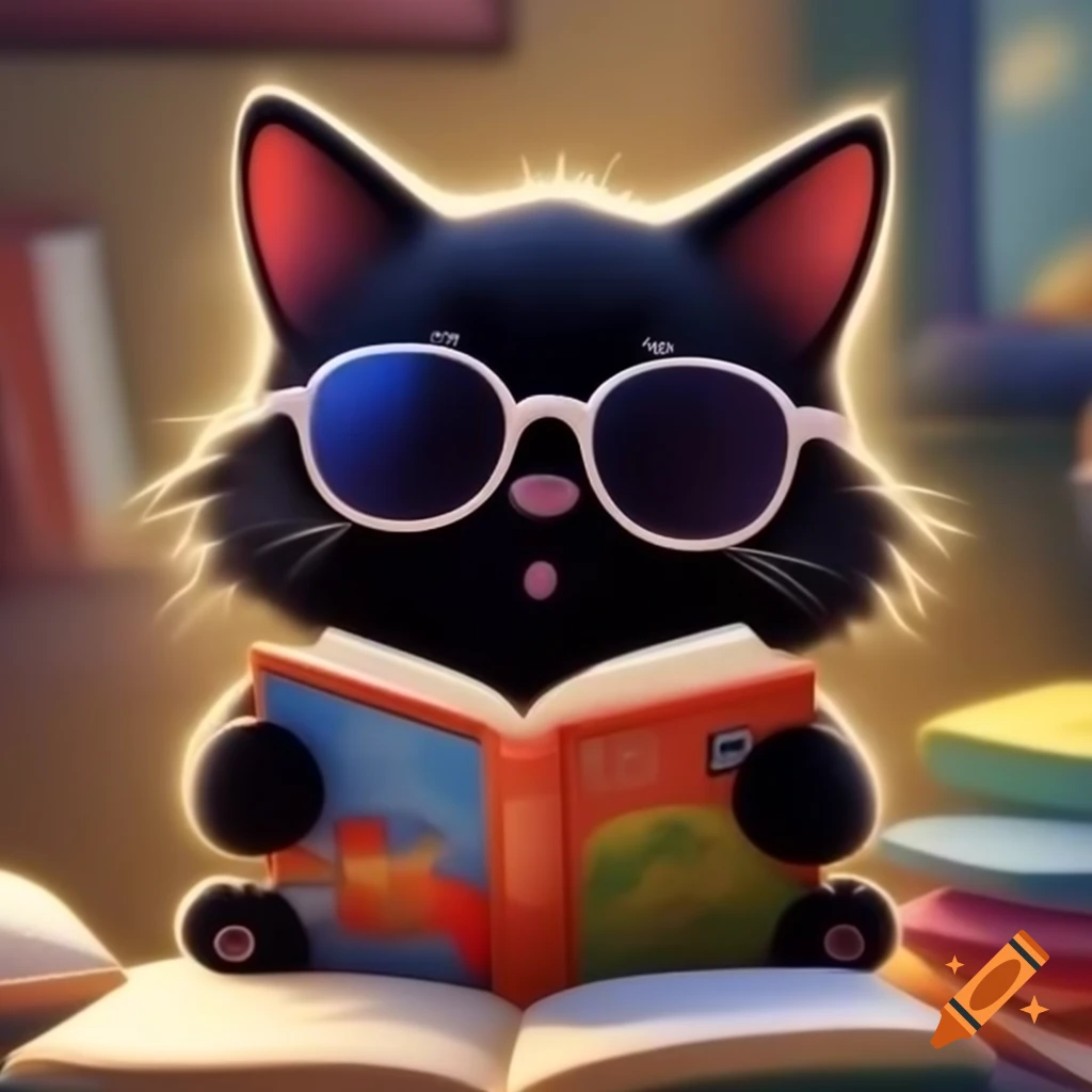 Cartoon of little black cat with sunglasses reading a book