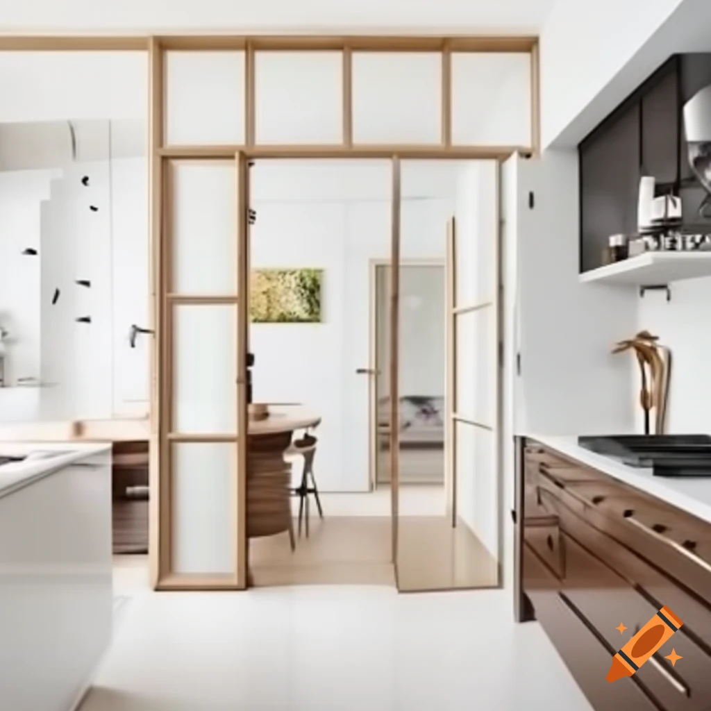 Modern kitchen interior design with white marble floor and brick tile