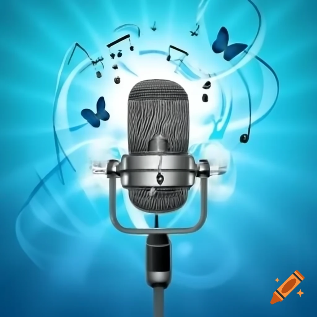 Microphone with smoke and swirling music notes and butterflies in the background