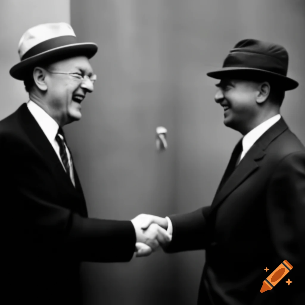 Two men shaking hands and smiling, sharing a secret password