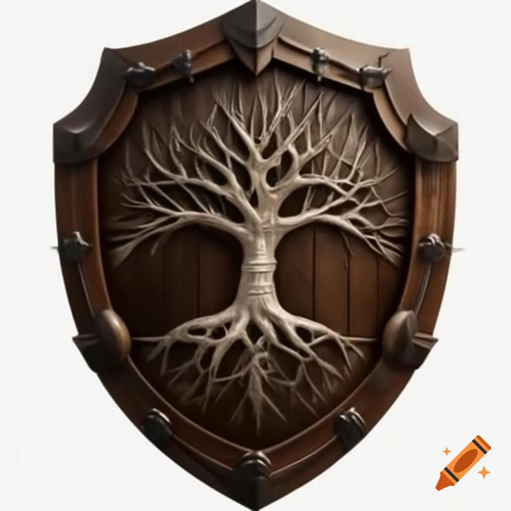 Dark wooden shield with oak tree crest and thorny branch border