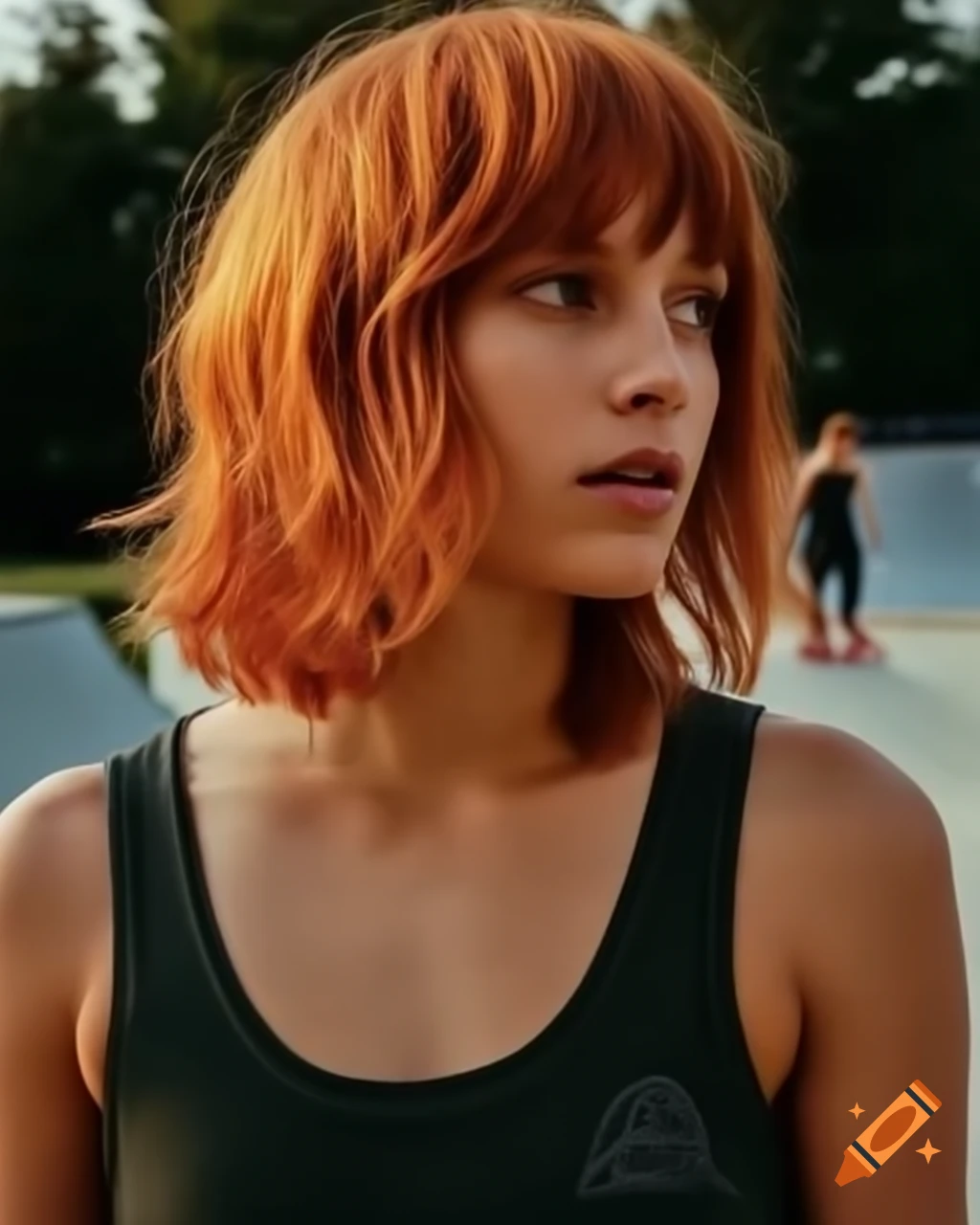 Hyper-realistic French female skater with ginger hair and blushing expression in skate park