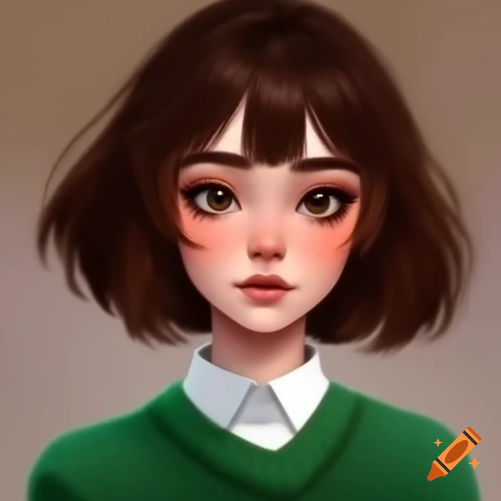 Woman with short brown hair and green sweater with white collar