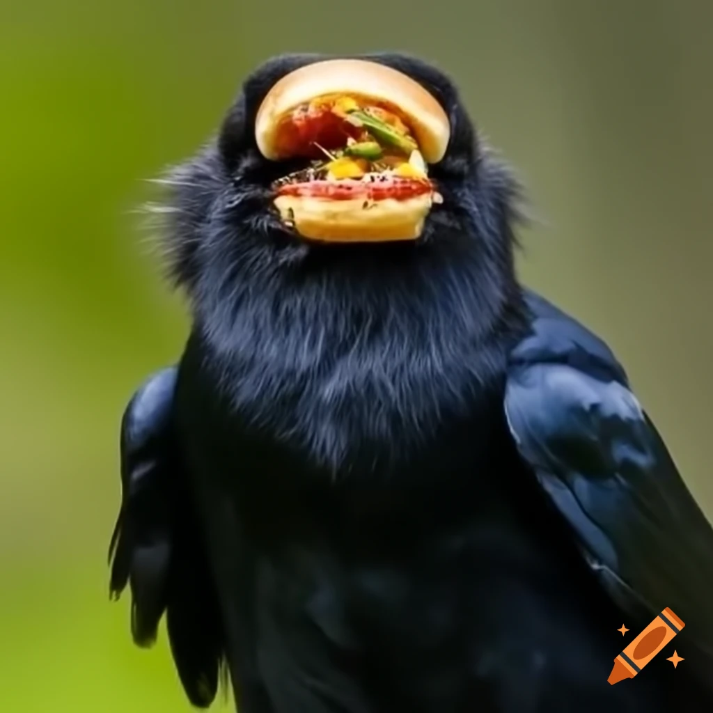 Crow balancing a hamburger on its head