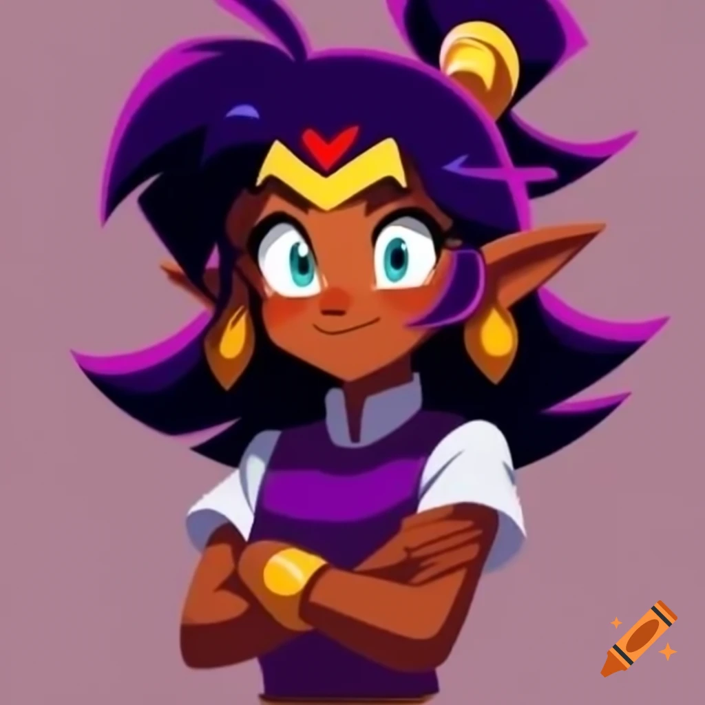 Character resembling Shantae in dark purple vest with arms crossed