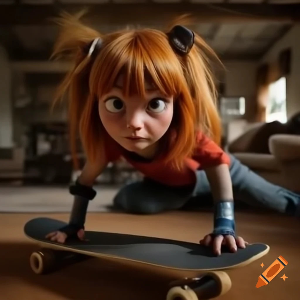 Tsundere character skateboarding in dusty living room with focus on detailed facial features