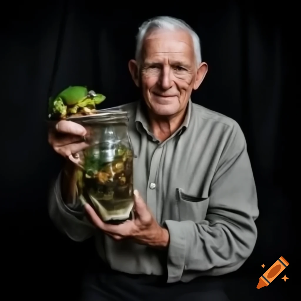 Australian man holding frog and jar of crickets