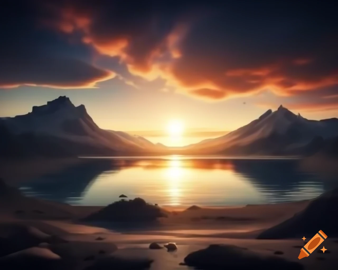 Photorealistic 3D render of mountain lake at sunset with sun rays and island