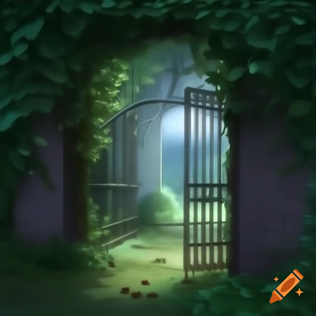 Cat at ancient iron gate opening to hidden garden in moonlight