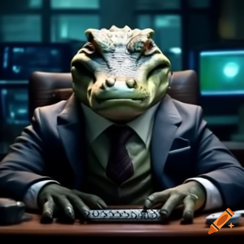 Crocodile in business suit typing at computer desk