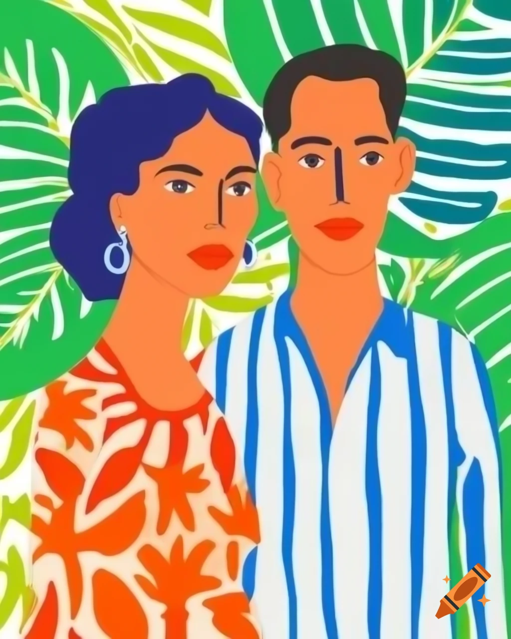 Couple by the sea in Matisse style with primary colors and Polynesian background