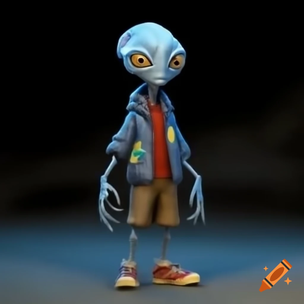 Humanoid alien with blue skin in everyday outfit and expensive shoes