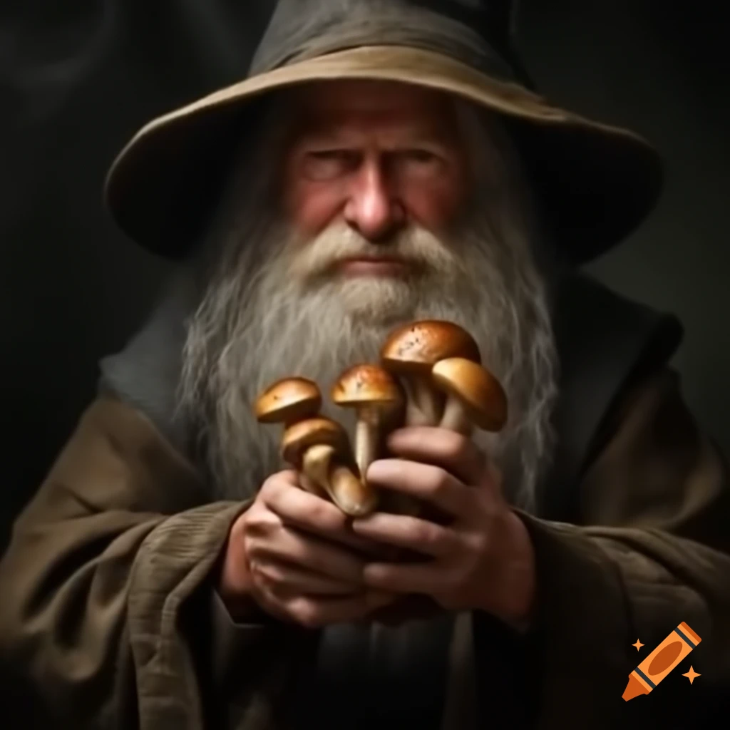 Elderly man in wizard attire holding mushrooms