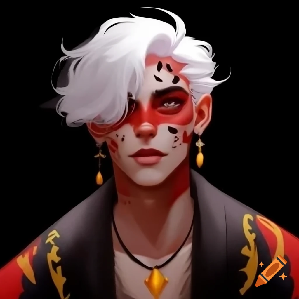 Young man with white hair and colorful patterned robe, adorned with face paint and sharp tooth jewelry, showcasing red tattoos