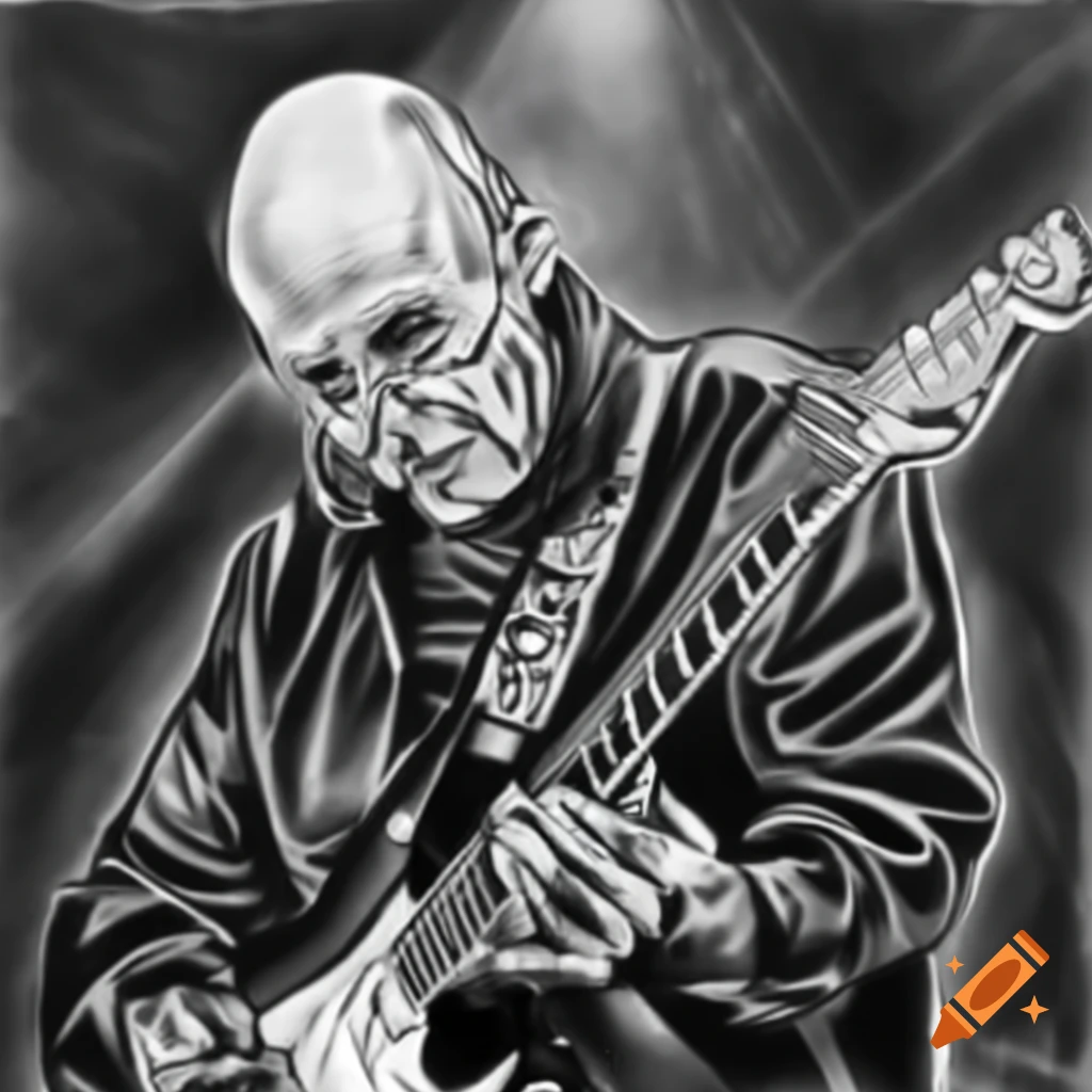 Black-and-white pen sketch of bald old man playing electric guitar on stage