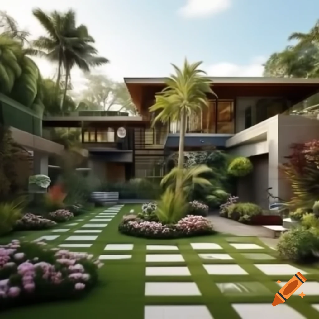 Modern architectural house with tropical landscaping and garden waterfall