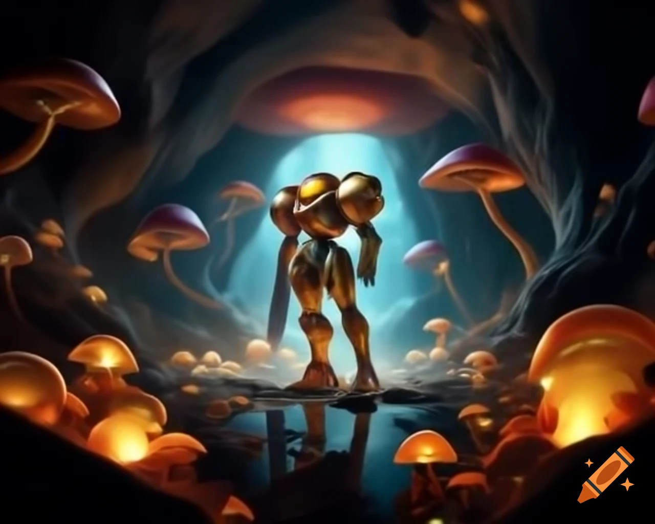 Samus from Metroid in cave with glowing mushrooms, hyper-realistic photography