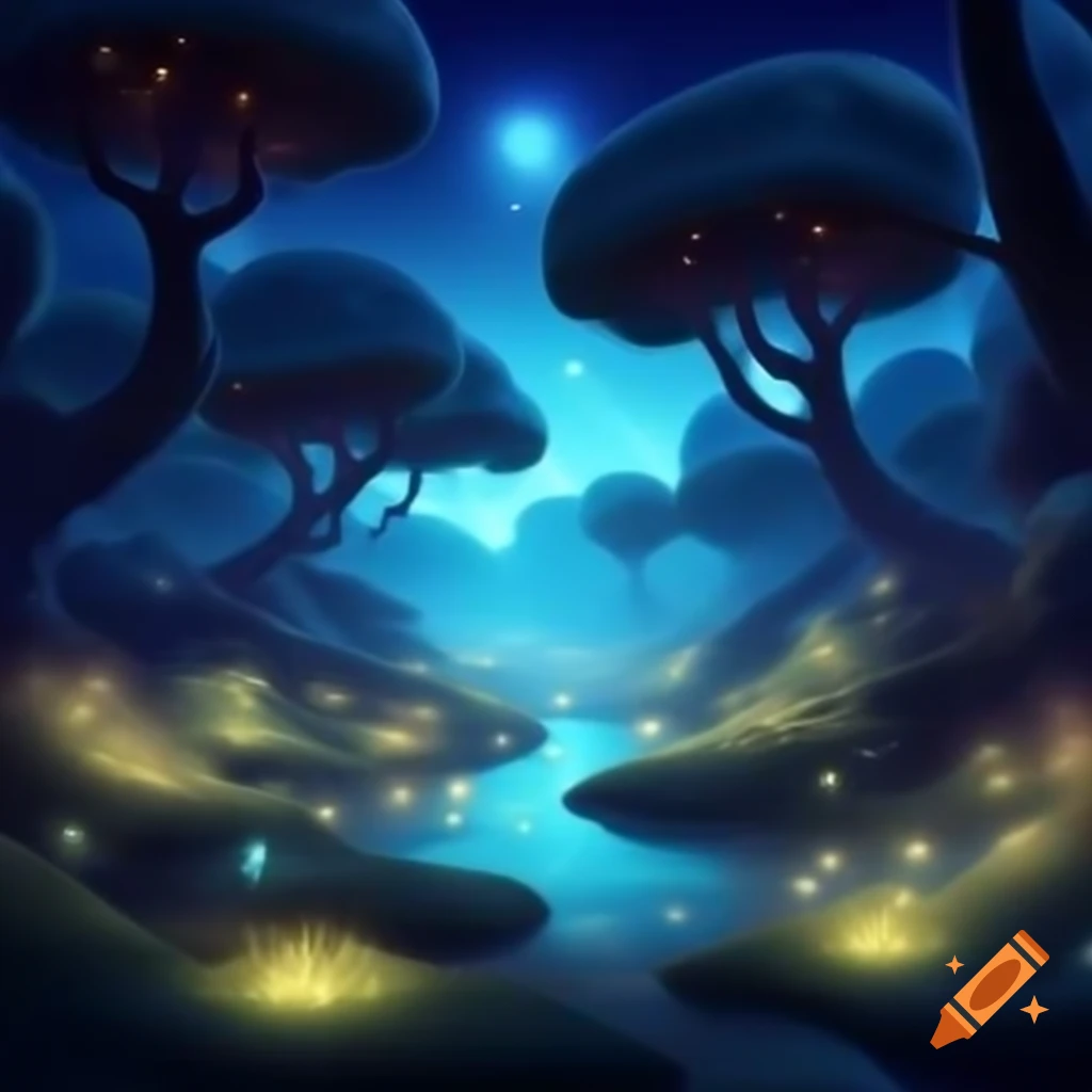 Magical forest with glowing plants and sparkling river under starlit sky