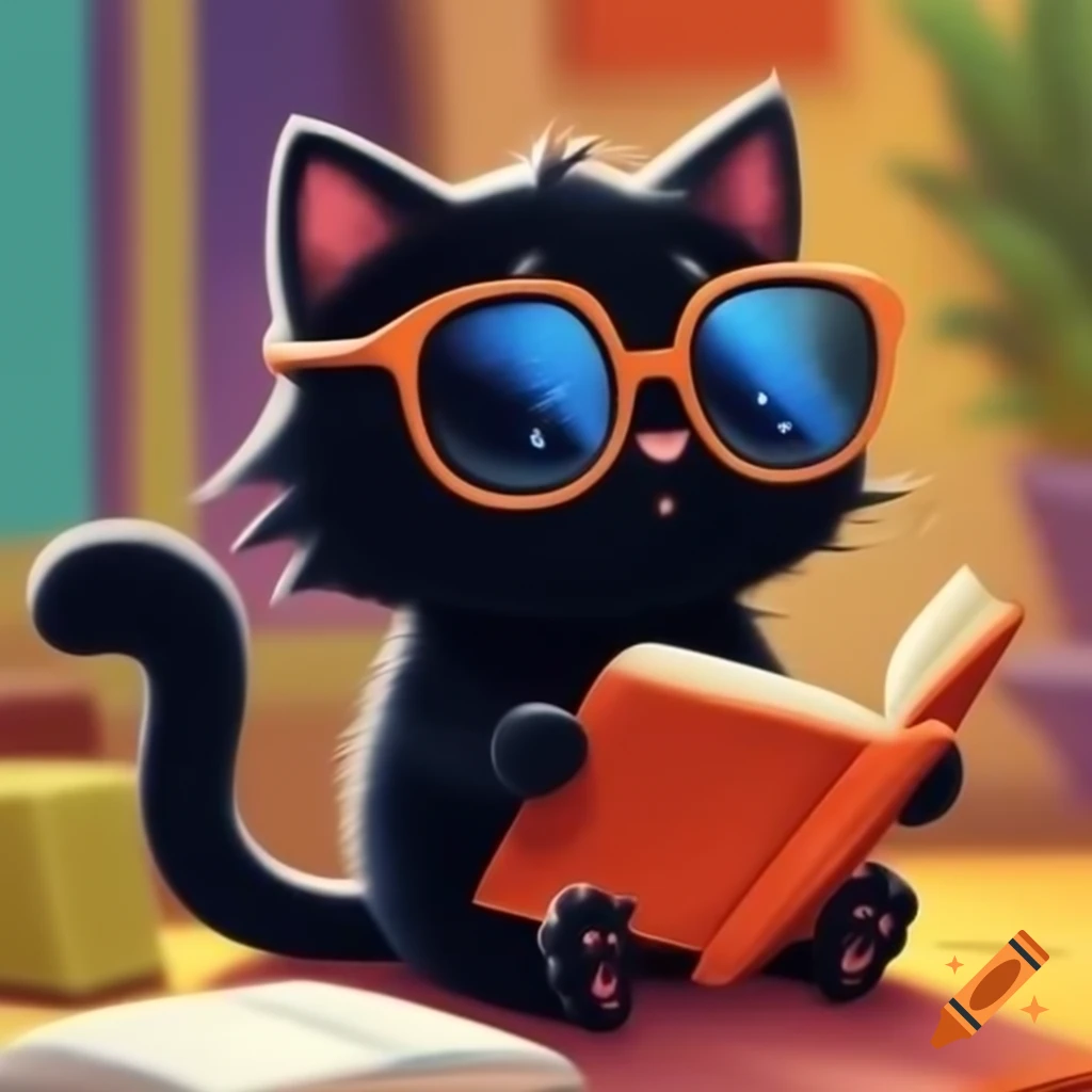 Cartoon of little black cat wearing sunglasses and reading a book
