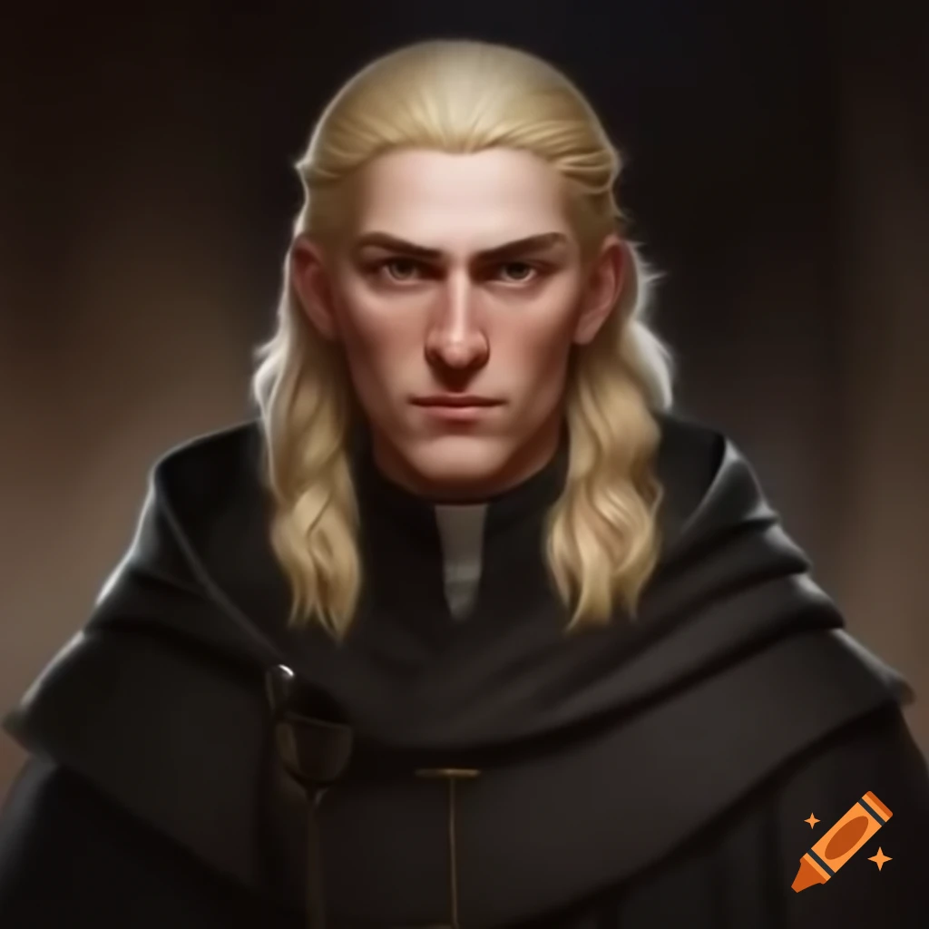 Medieval friar with blonde ringlets in expensive clothing