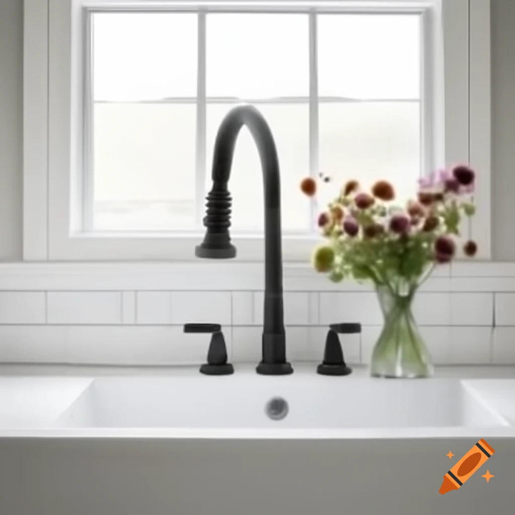 Red farmhouse sink with black gooseneck faucet and white subway tiles, decorated with wildflowers