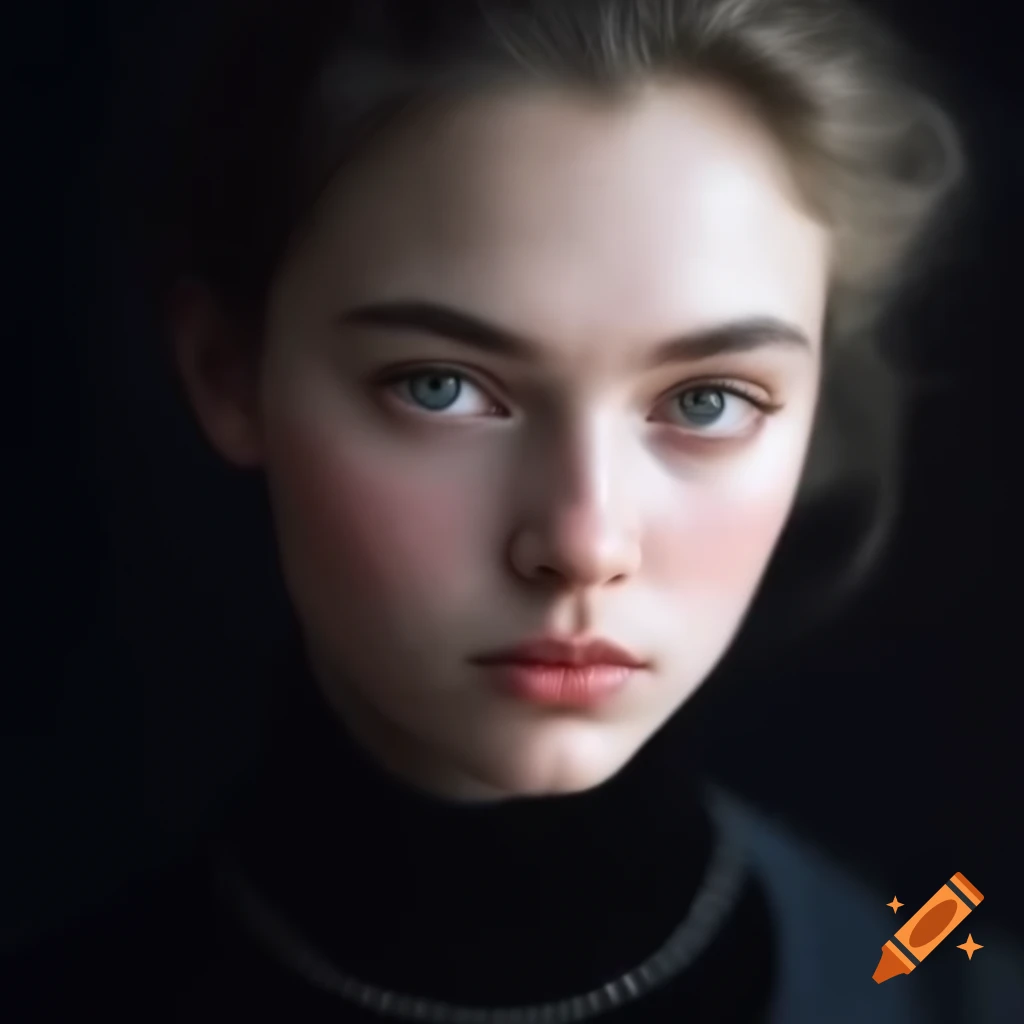 Young woman in extravagant fashion with intense gaze, dark atmosphere, hyper detailed