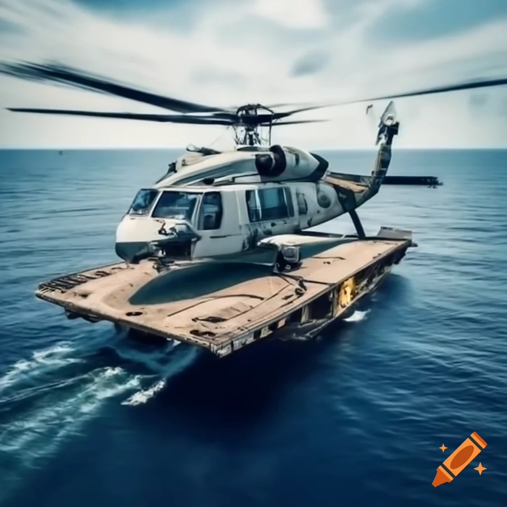 Helicopter landing on barge in fiery ocean scene