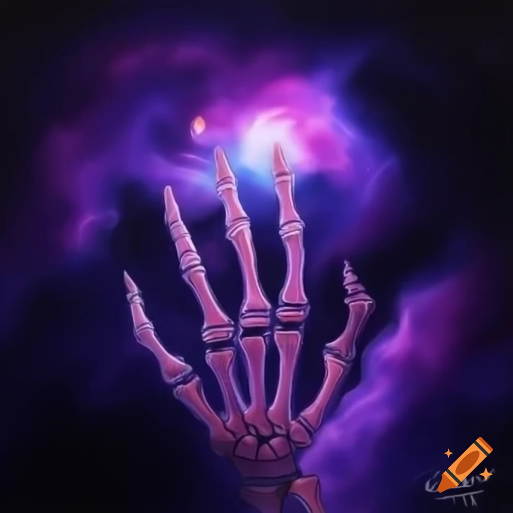 Skeleton hand in purple nebula in space