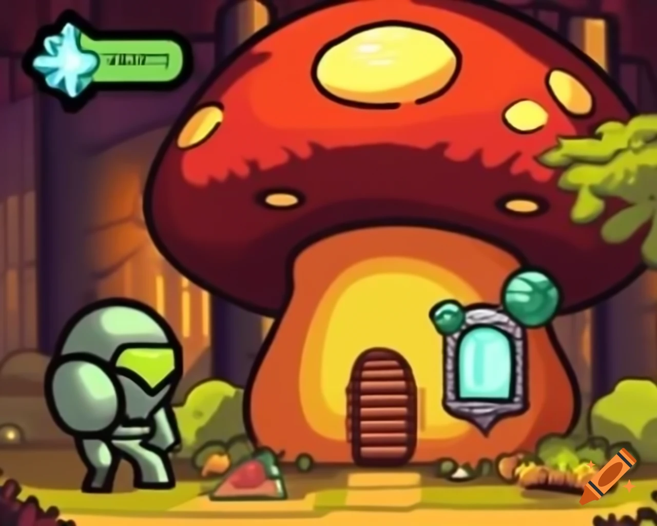 Samus from Metroid with mushroom house in Scribblenauts graphics