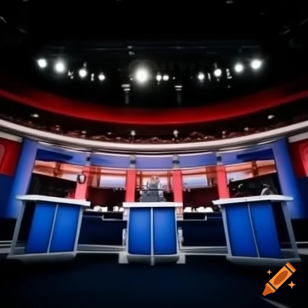 Prepared debate stage with two empty podiums for presidential debate