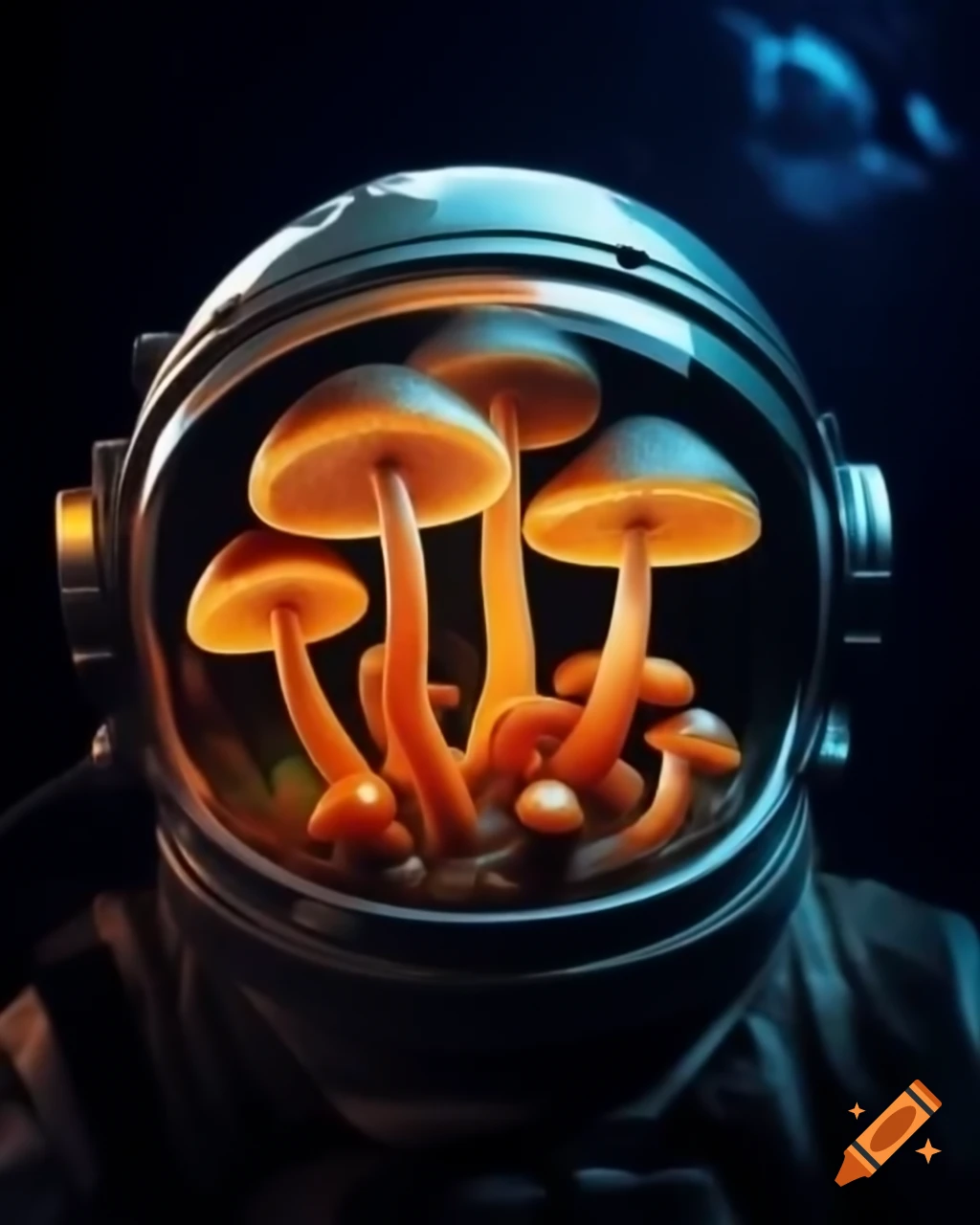 Astronaut discovering glowing mushrooms in outer space