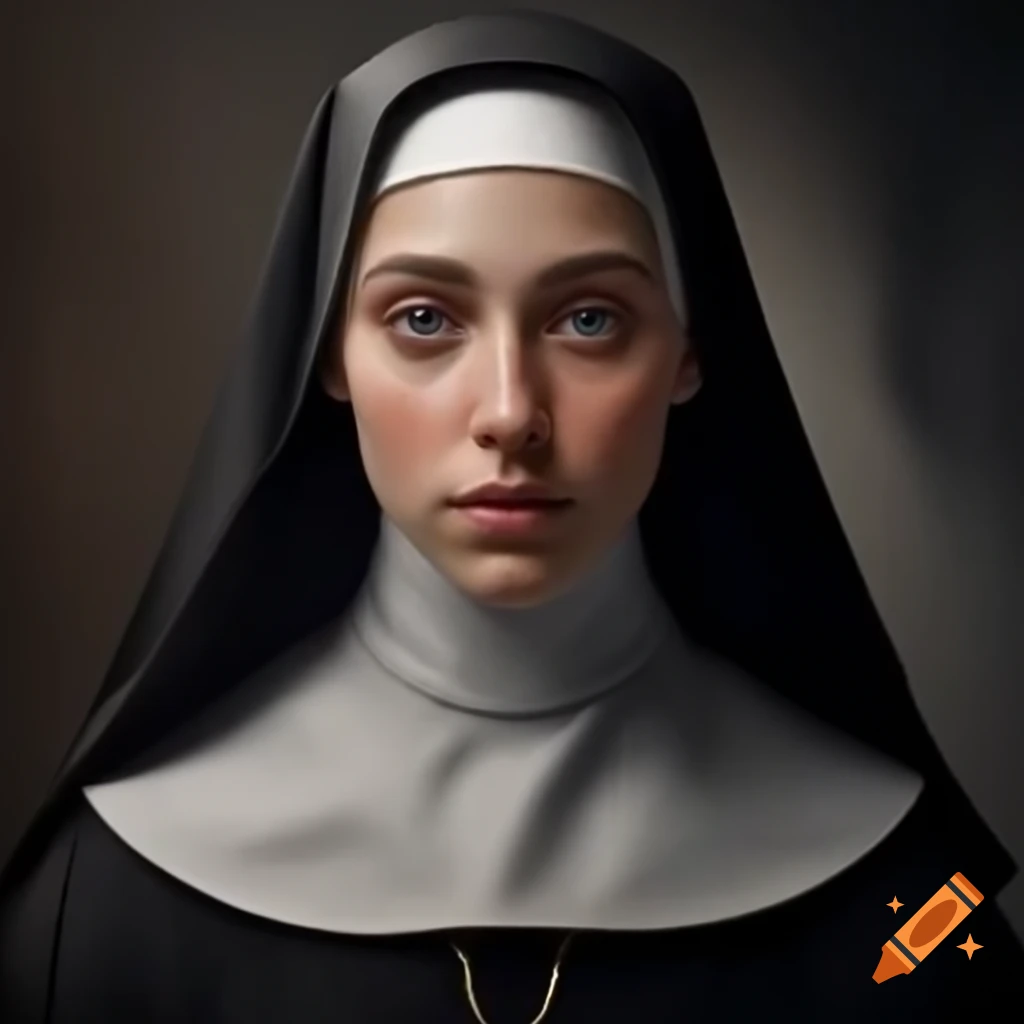Realistic portrait of a serene medieval nun in her mid-30s