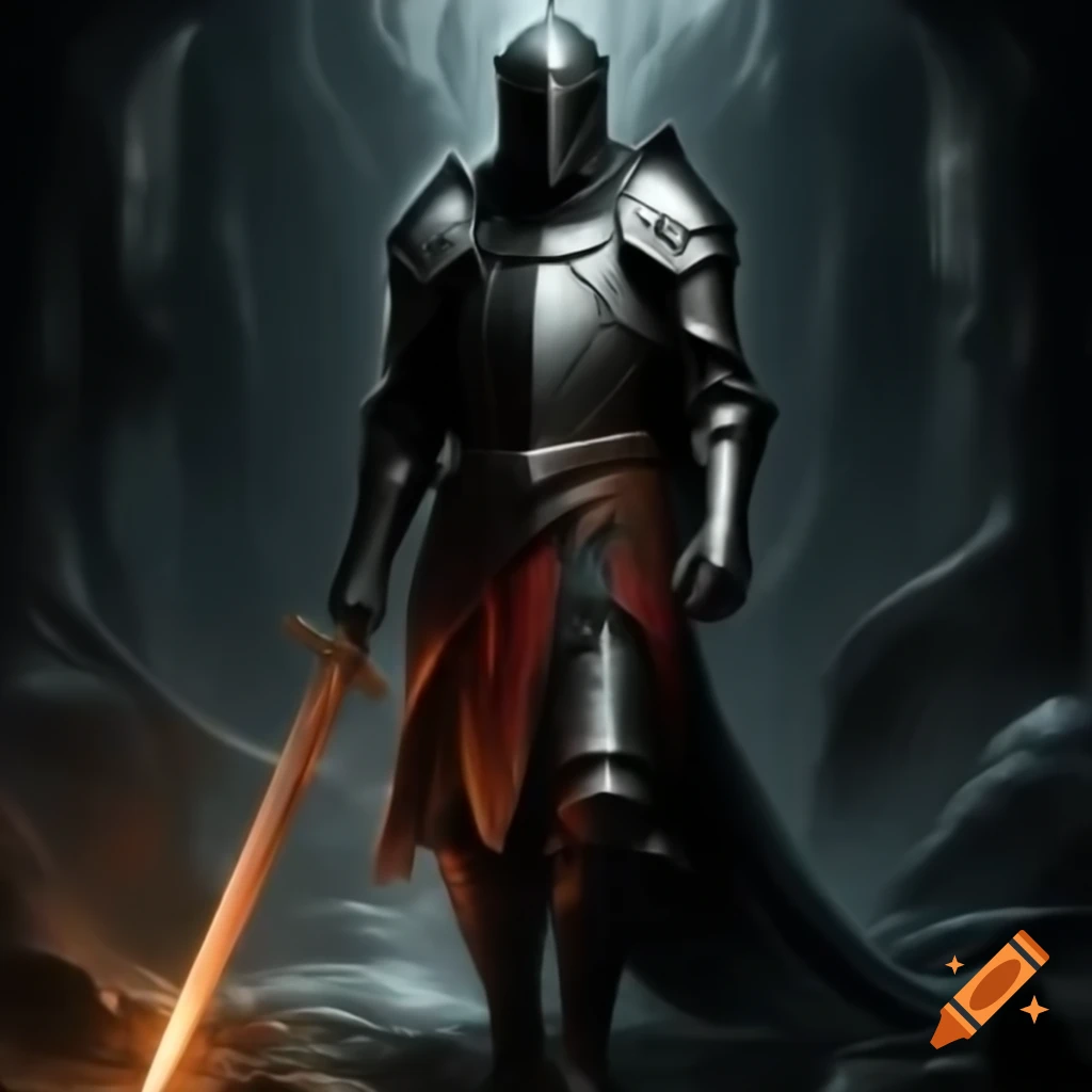 Knight in dark medieval armor wielding sword and shield, about to fall in battle