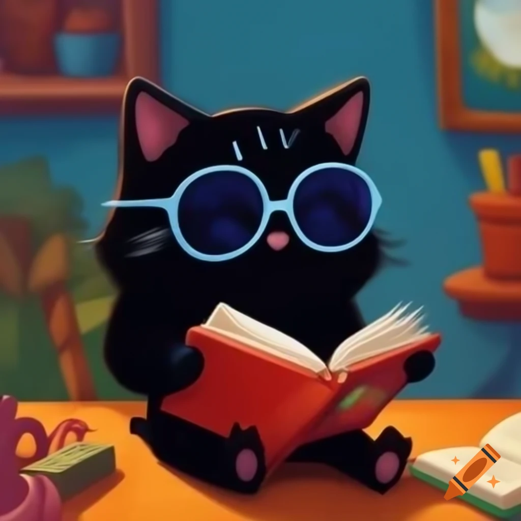 Cartoon of a black cat with sunglasses reading a book