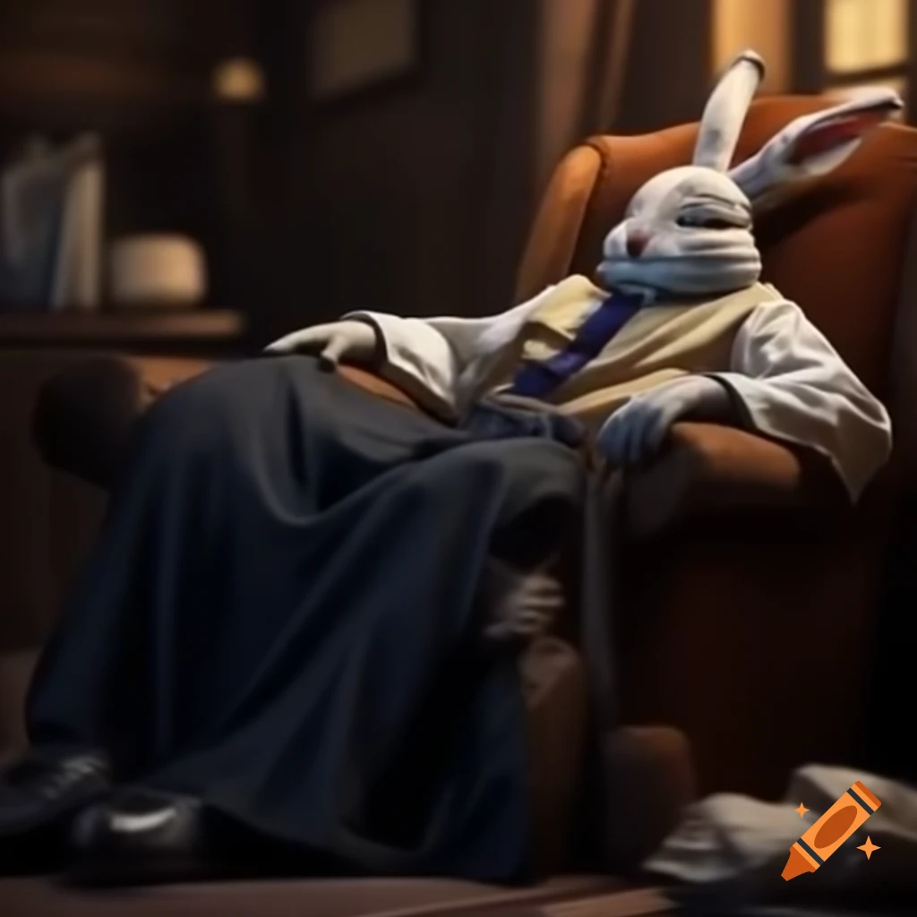 Person dressed as bunny sleeping in armchair
