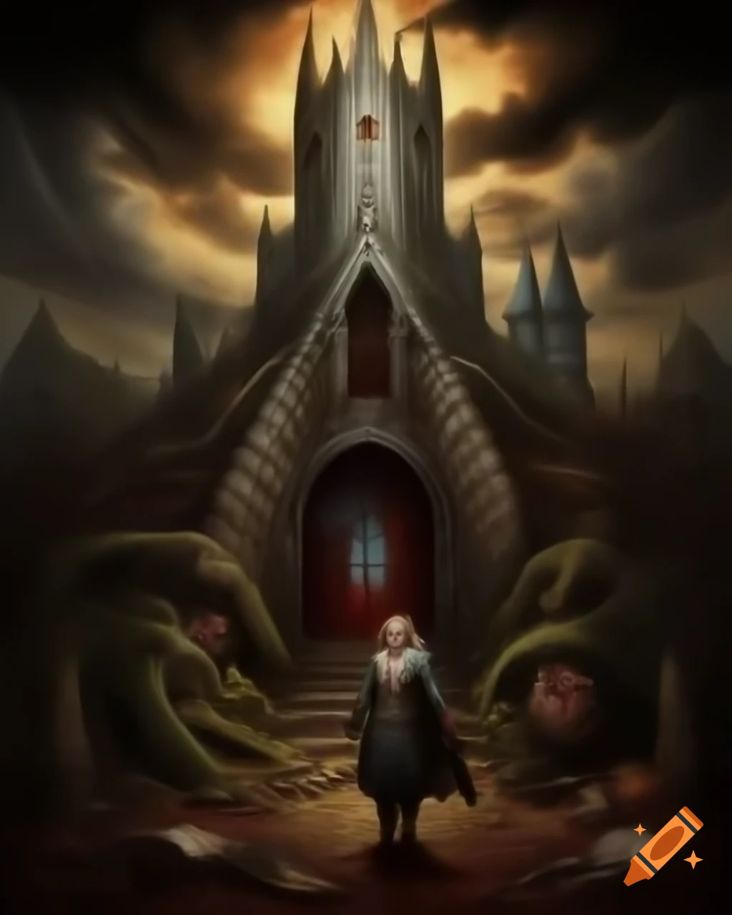 Gothic vampire tower with 1700s dressed vampire and nearby zombies
