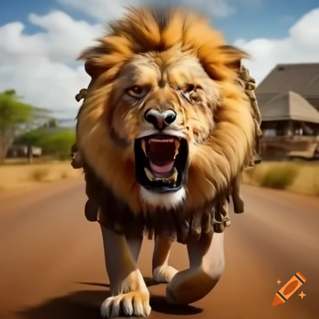 Angry lion with fangs and Cuban chain holding empty golden plaque with diamond border