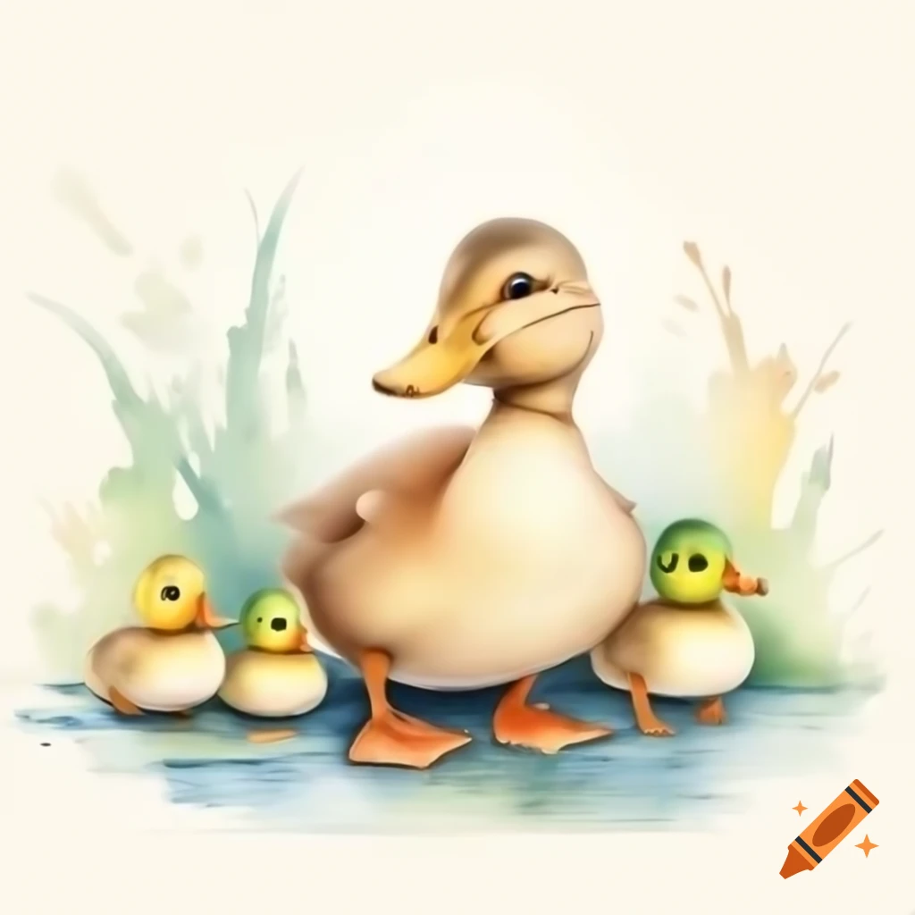 Cartoon duck with ducklings in watercolor style