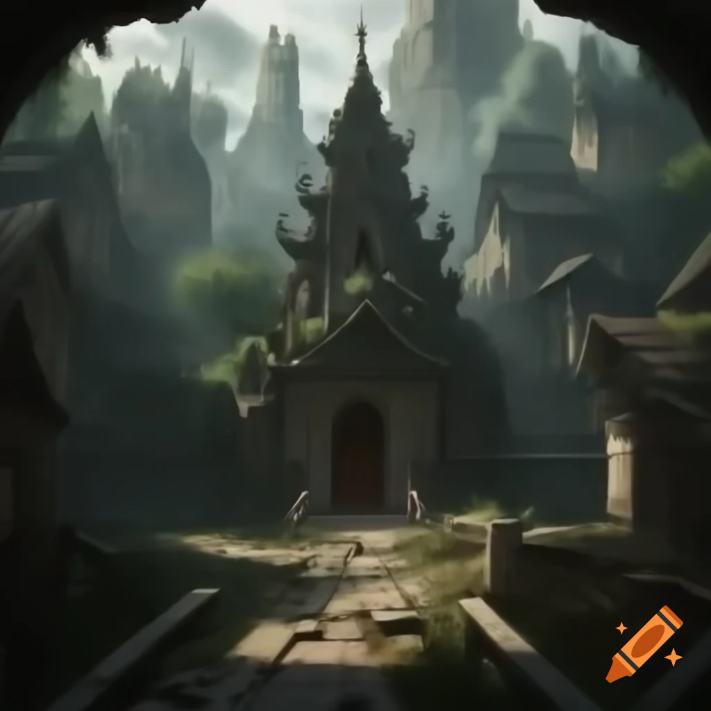Ancient walled temple in medieval village with stone walls