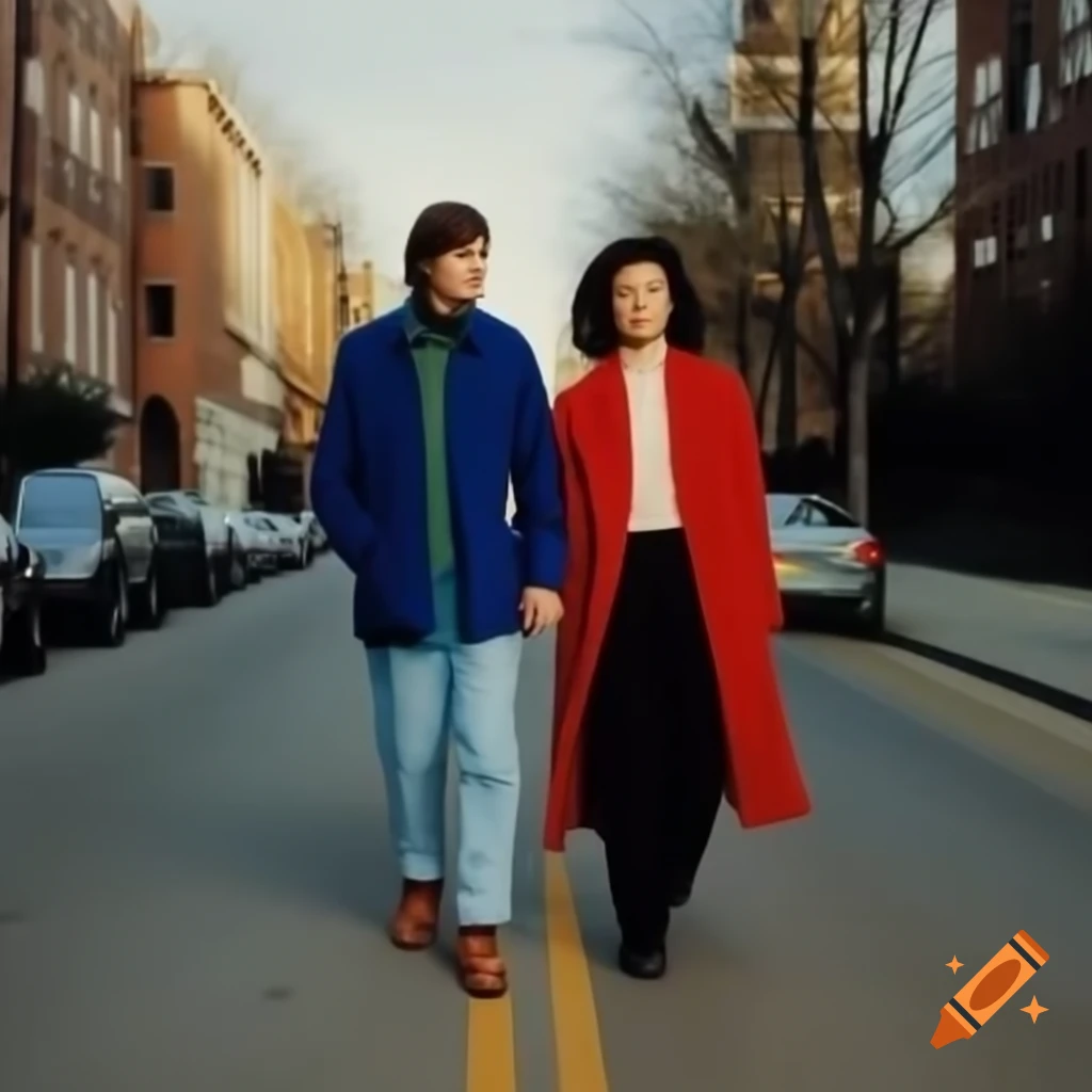 Two people walking on a peaceful street, one in blue jacket and jeans, the other in red coat and black trousers