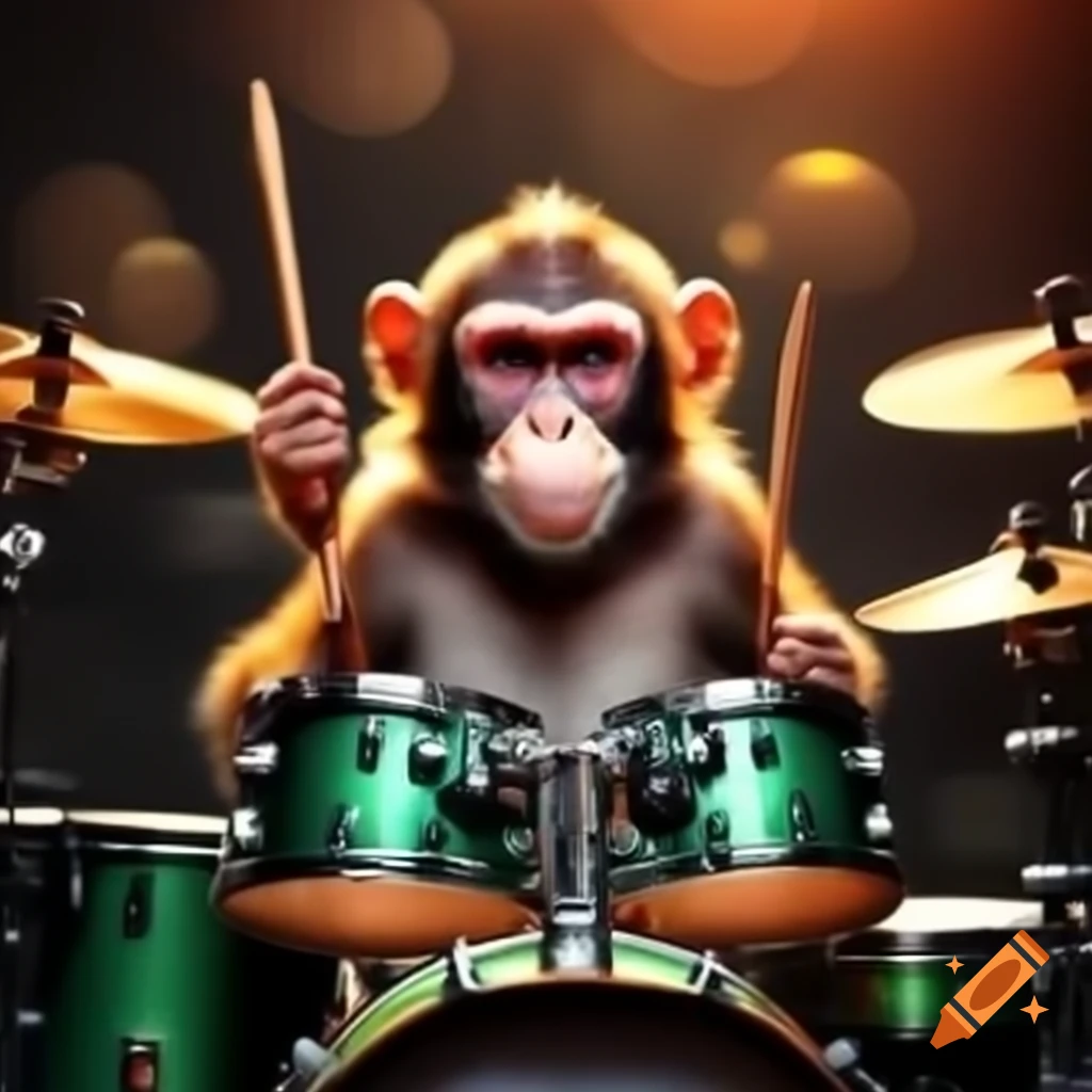 Monkey playing drums in a lively setting