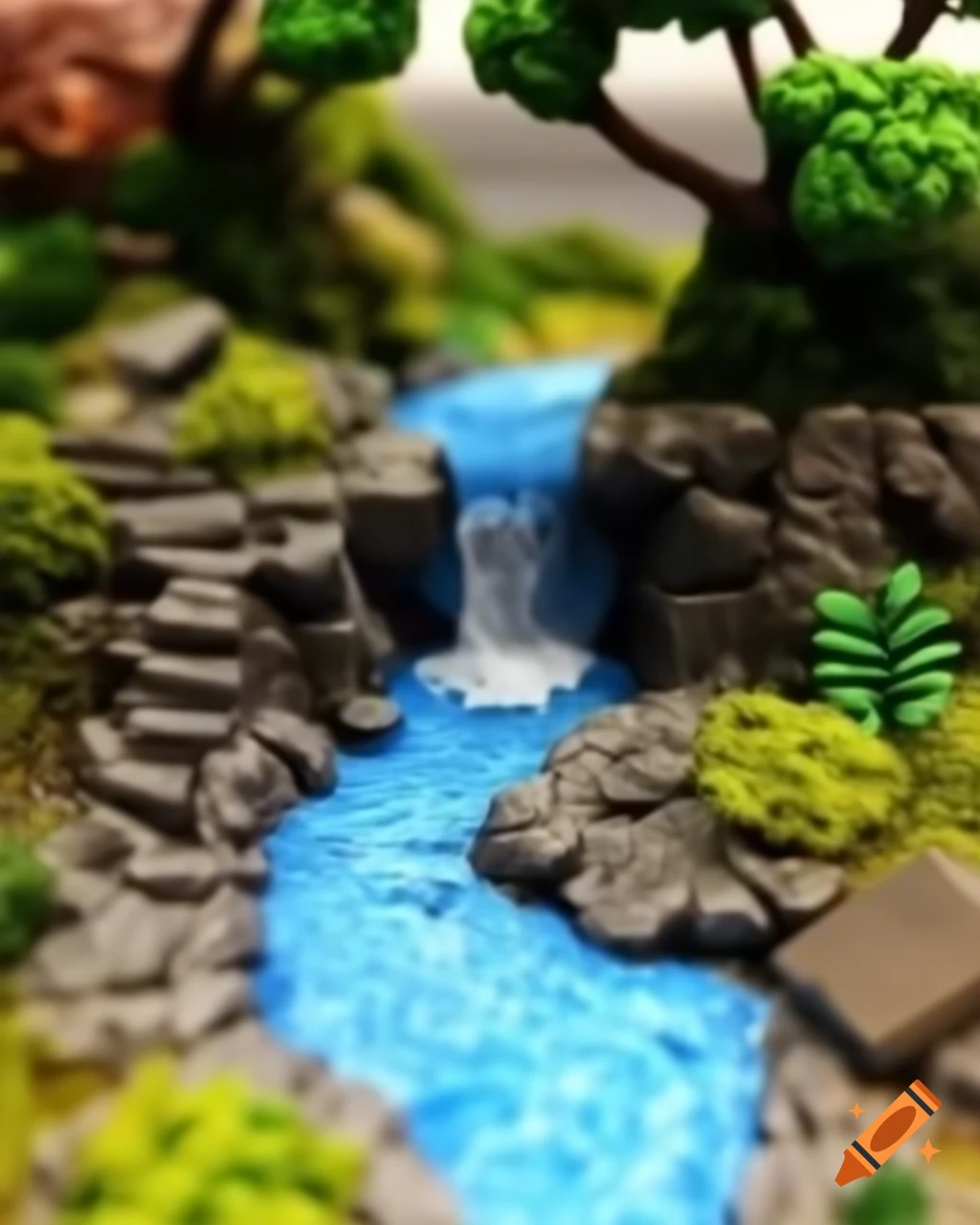Ultra miniature river with waterfall in diorama
