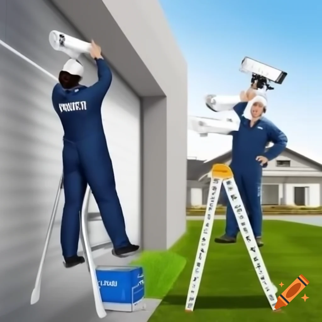 Technician installing modern CCTV camera on building