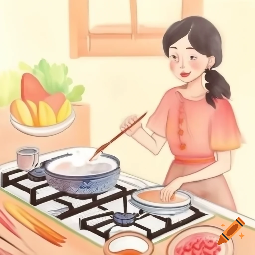 An illustration shows a woman serving food at a table laden with dishes