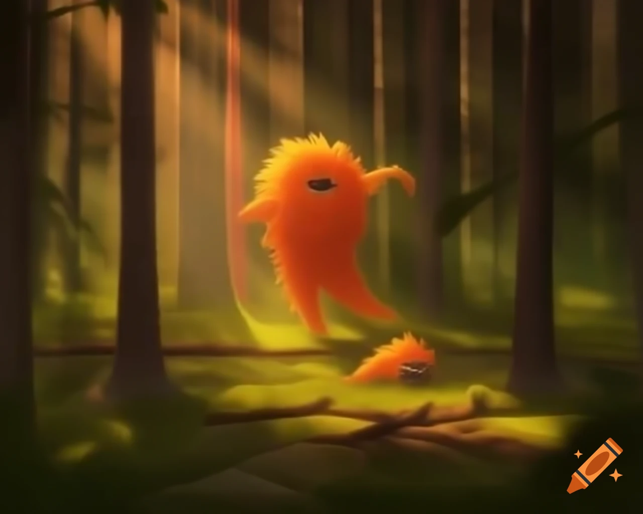 Realistic depiction of an orange tree monster in a contemporary nature setting