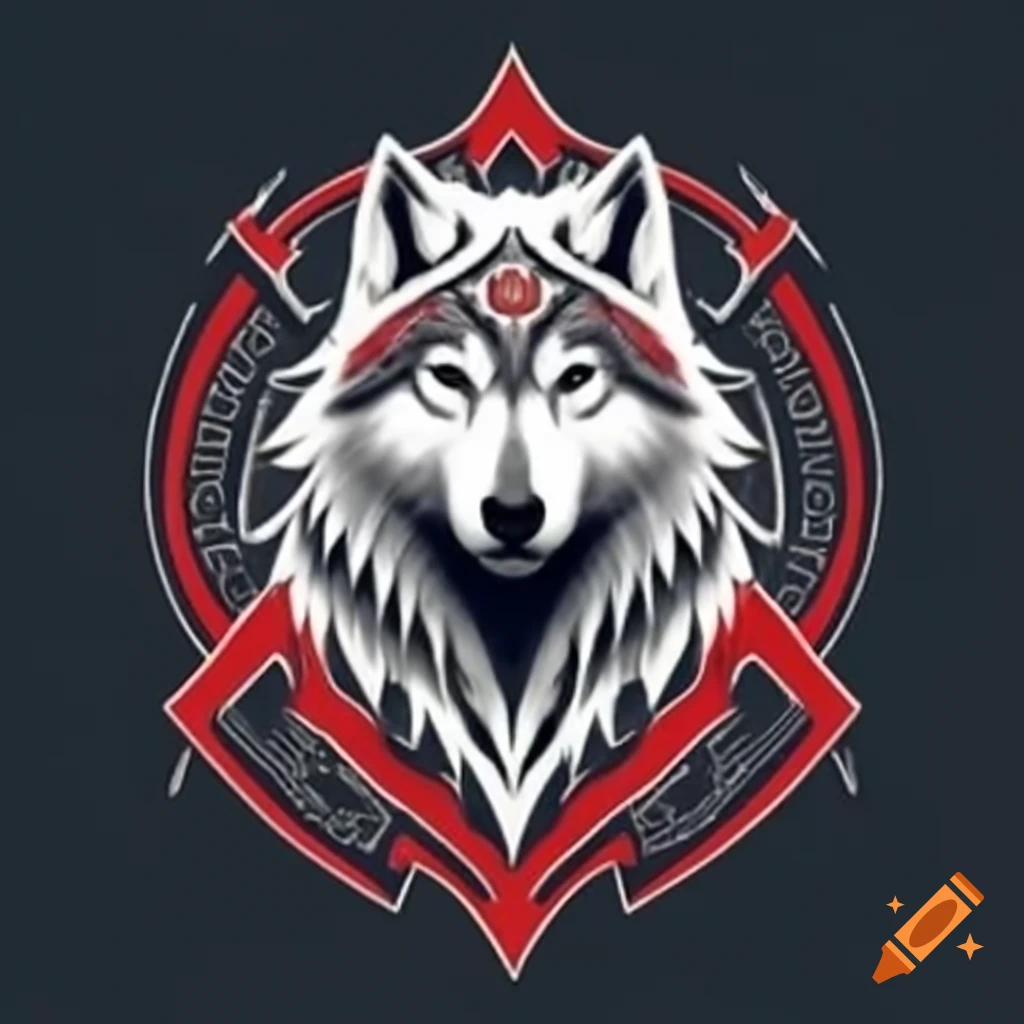 Norse style logo featuring a wolf in white and red